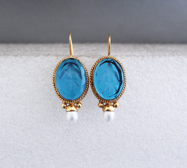 Blue Glass Intaglio Earrings, Vintage Victorian Style, 18K Gold