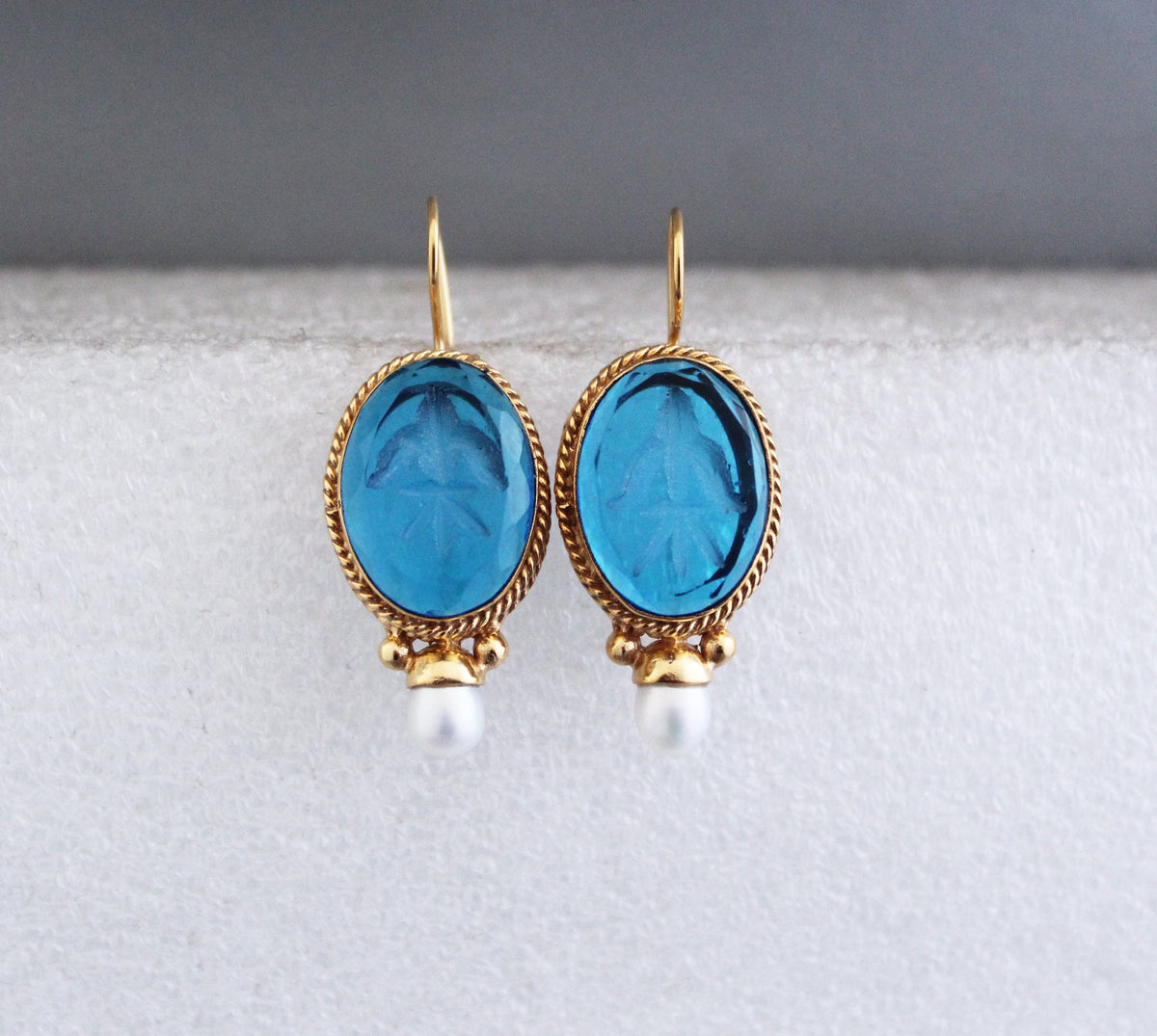 Blue Glass Intaglio Earrings, Vintage Victorian Style, 18K Gold