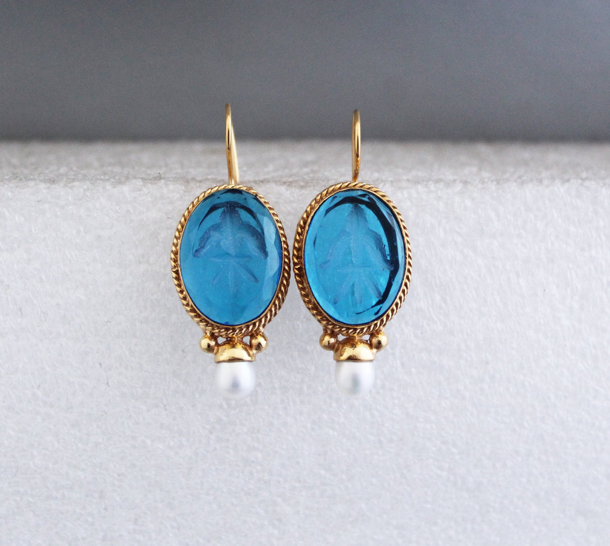 Blue Glass Intaglio Earrings, Art Deco Pearl Drops, 18K Gold Vermeil