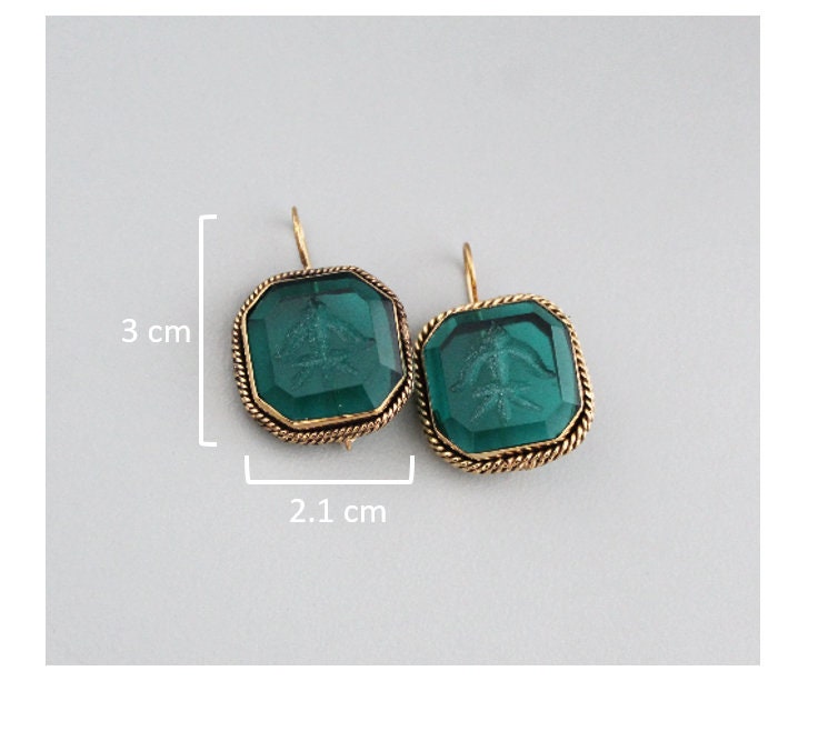 Blue Intaglio Glass Earrings, Victorian Style, Brass, photo 3