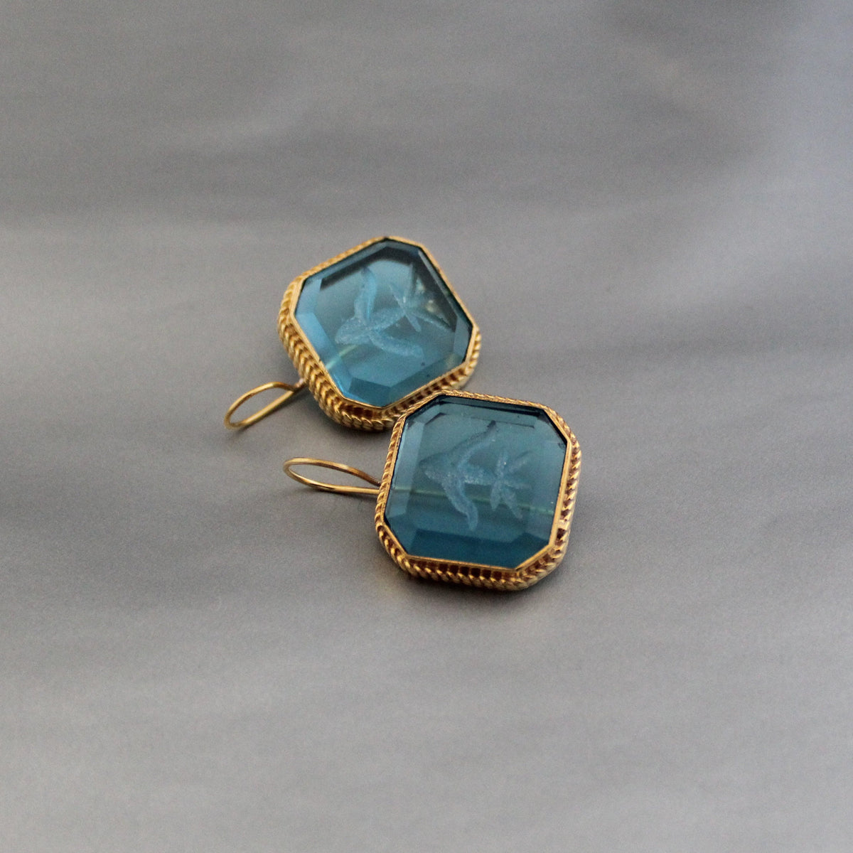Blue Intaglio Statement Earrings, Bridal Gold, photo 4