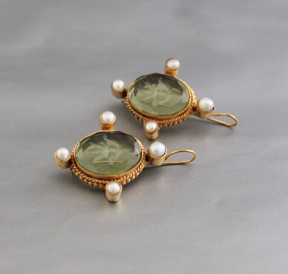 Green Glass Intaglio Pearl Earrings, Victorian Bridal, Gold Vermeil, photo 5