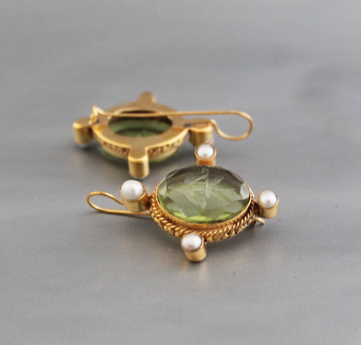 Green Glass Intaglio Pearl Earrings, Victorian Bridal, Gold Vermeil, photo 2