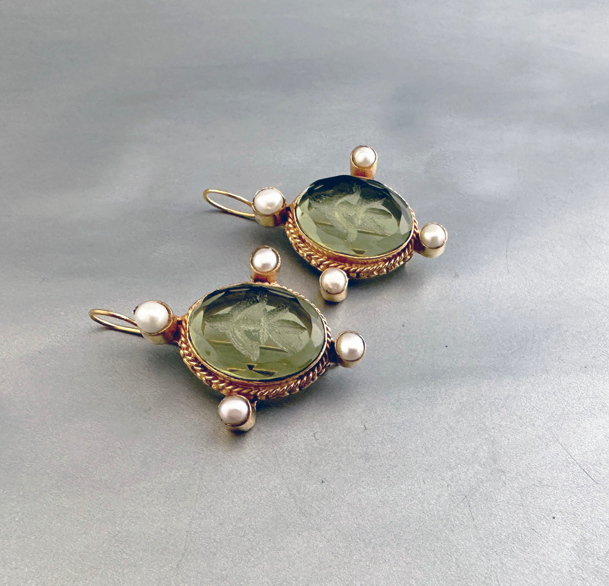 Green Glass Intaglio Pearl Earrings, Victorian Bridal, Gold Vermeil, photo 6