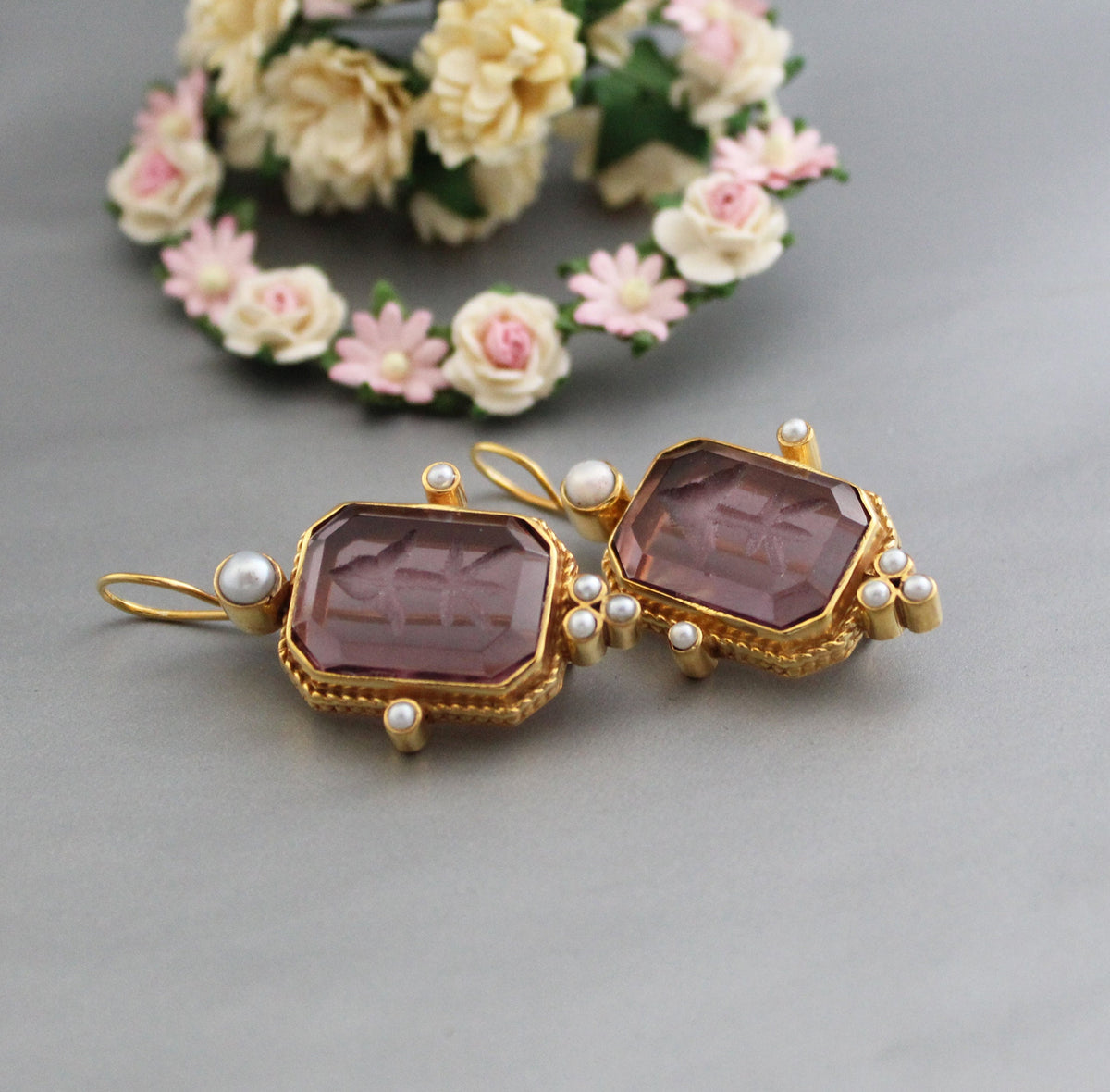 Purple Glass Intaglio Earrings, Art Deco Style, 14K Gold Plated, photo 7