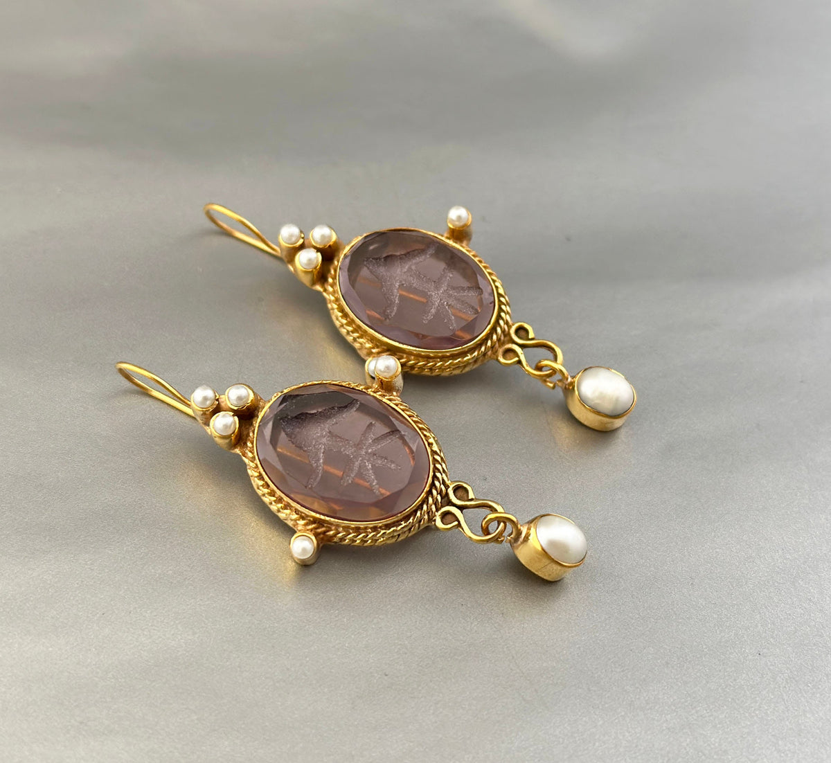 Purple Intaglio Earrings, Roman Style, Gold Vermeil Dangles, photo 5