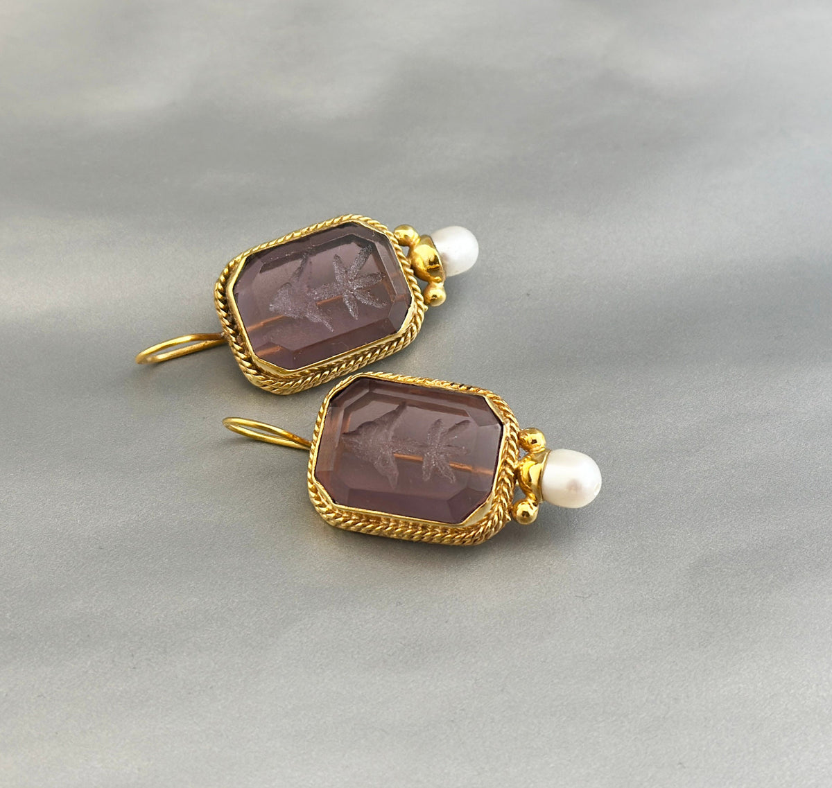 Intaglio Glass Hoop Earrings, Victorian Art Deco Pearl Drops, Brass, photo 6