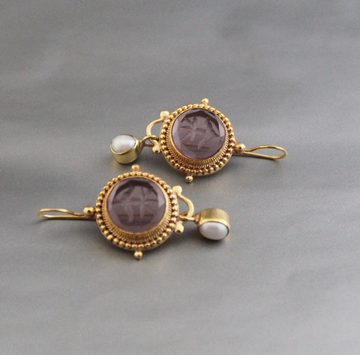 Purple Intaglio Glass Earrings, Vintage Drops, Gold Vermeil, photo 6