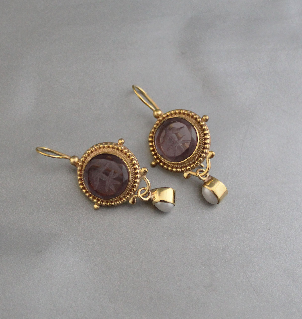 Purple Intaglio Glass Earrings, Vintage Drops, Gold Vermeil, photo 9