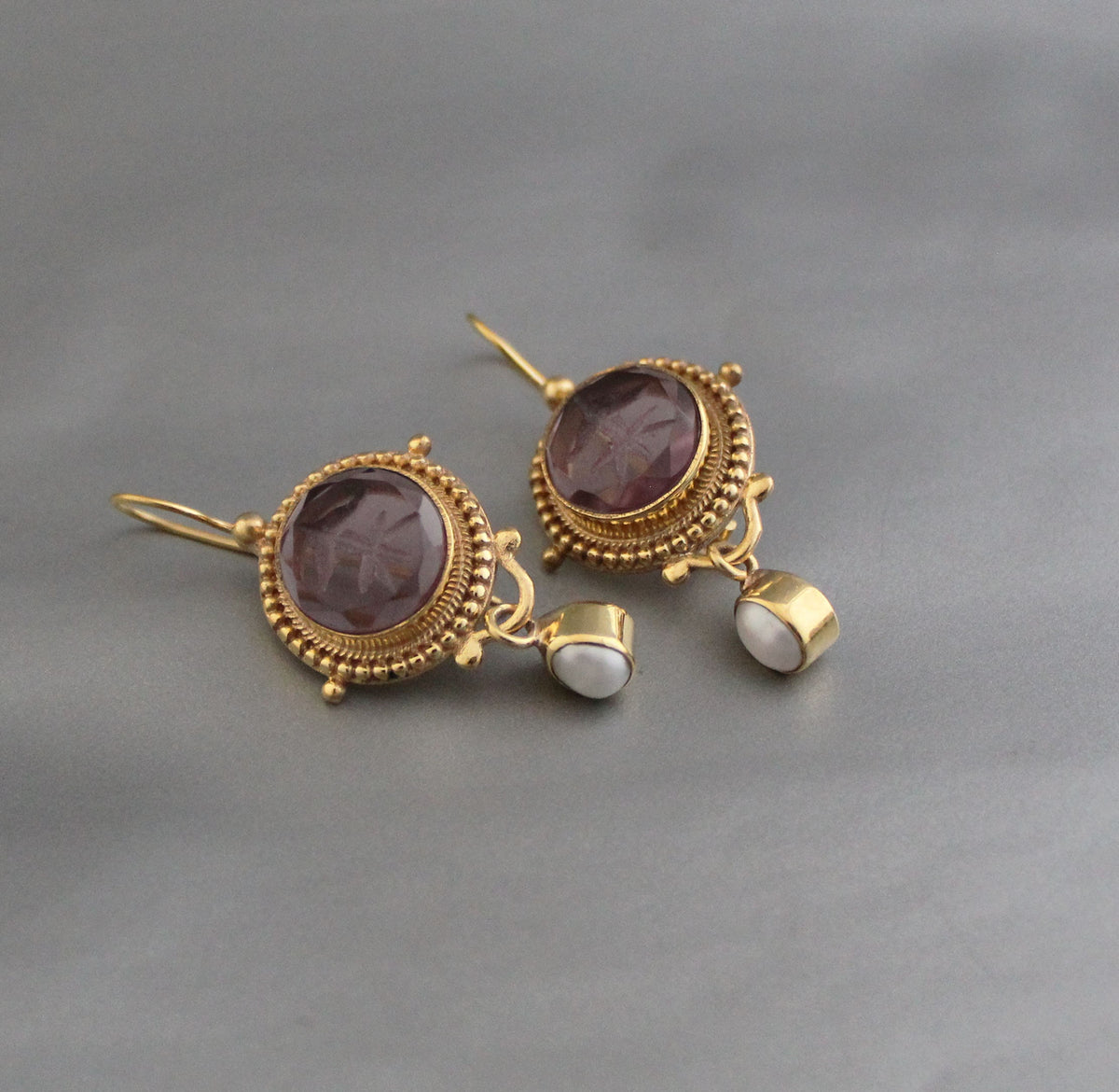 Purple Intaglio Glass Earrings, Vintage Drops, Gold Vermeil, photo 7