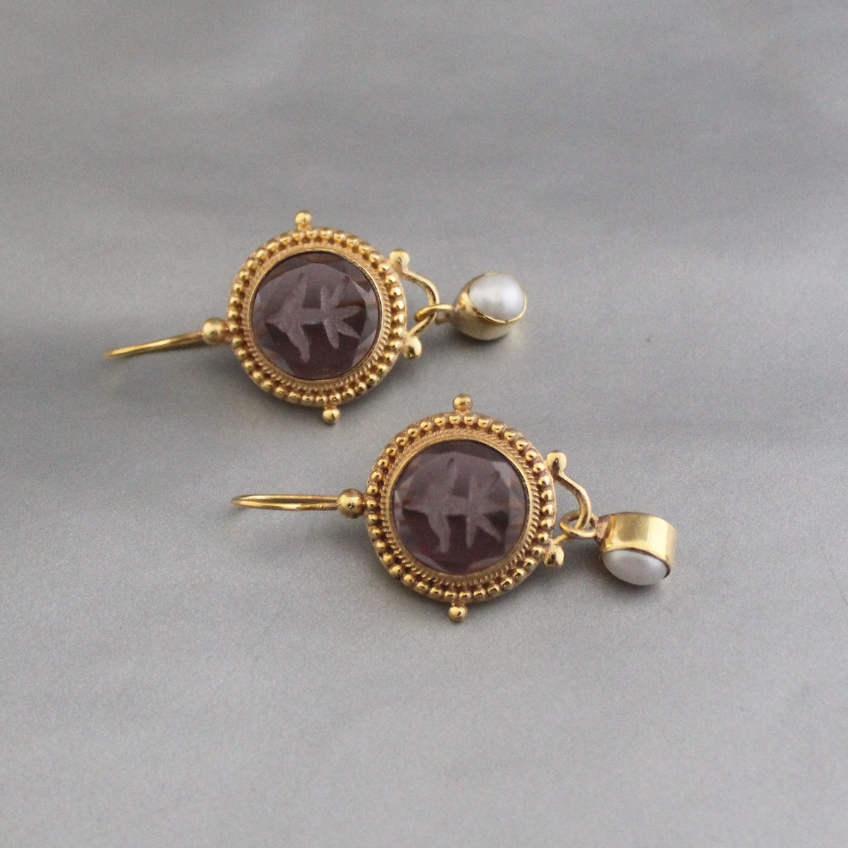 Purple Intaglio Glass Earrings, Vintage Drops, Gold Vermeil, photo 5