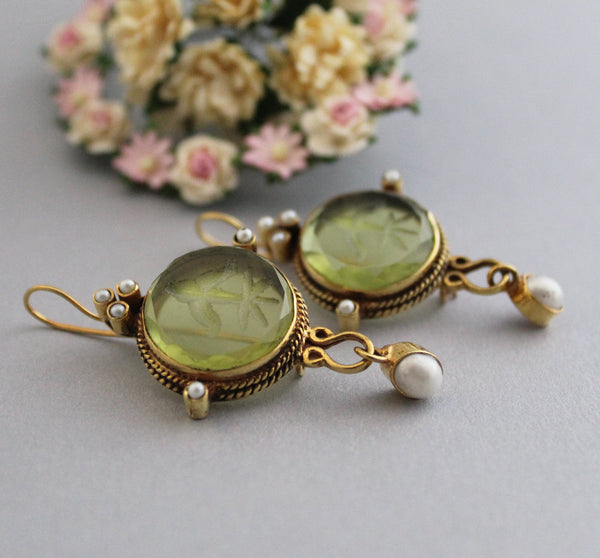 Green Intaglio Earrings, Victorian Style, 18K Gold Vermeil