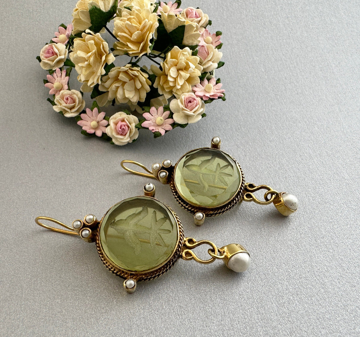 Green Intaglio Earrings, Victorian Style, 18K Gold Vermeil, photo 4