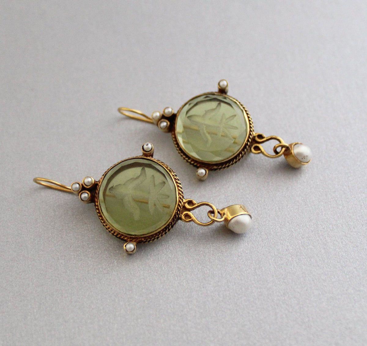 Green Intaglio Earrings, Victorian Style, 18K Gold Vermeil, photo 5