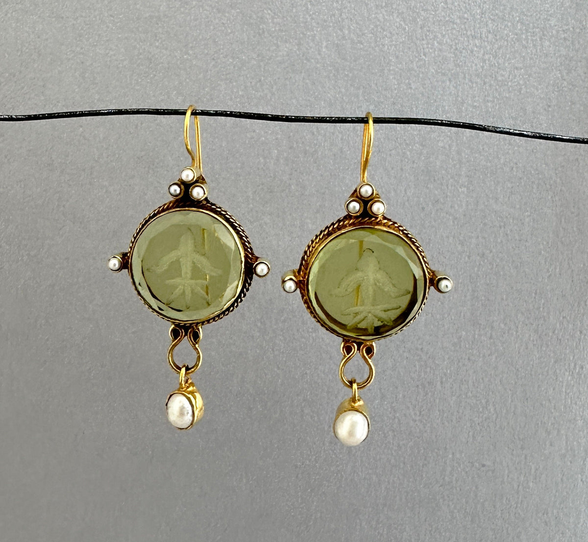 Green Intaglio Earrings, Victorian Style, 18K Gold Vermeil, photo 7