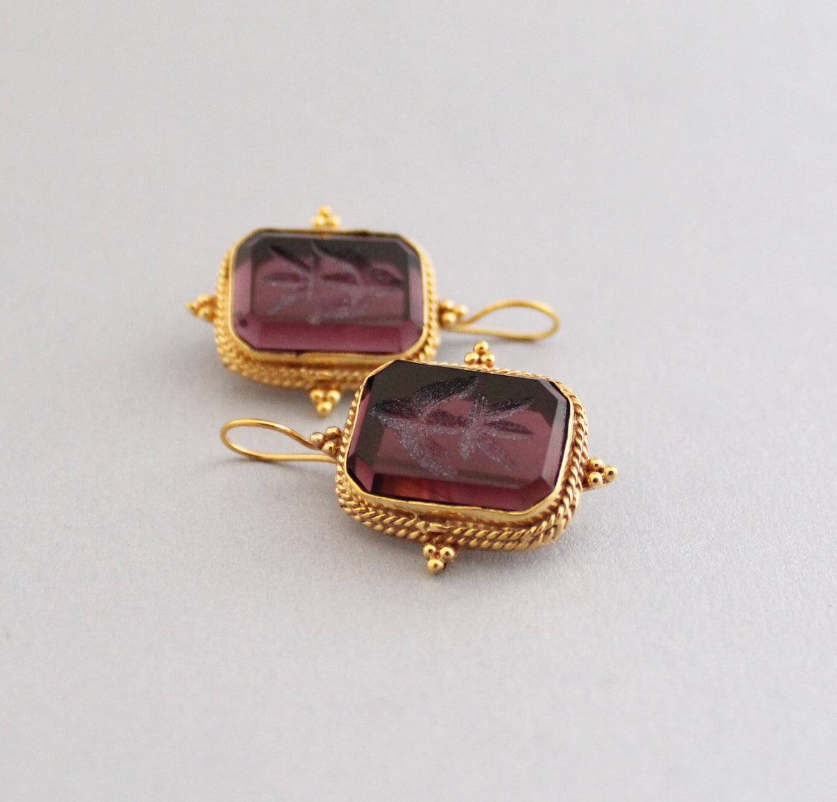 Purple Glass Intaglio Earrings, Art Deco Style, photo 9