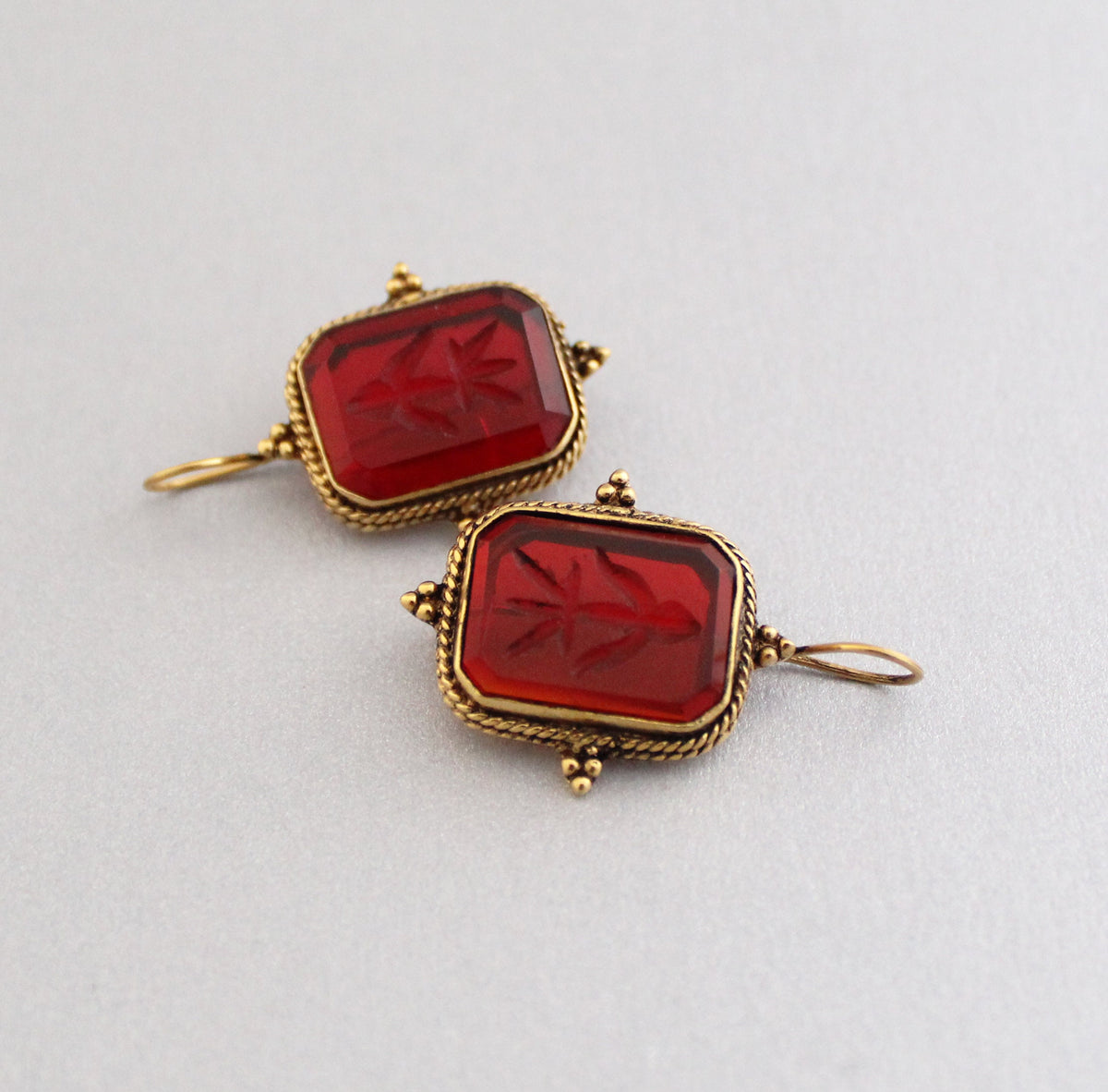 Red Glass Intaglio Earrings, Ancient Greek Style, Victorian Gold, photo 13
