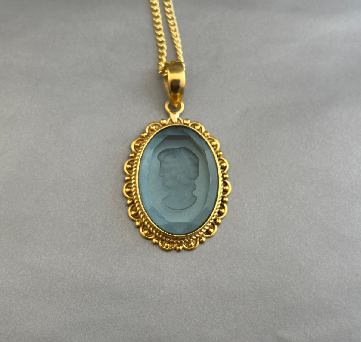 Blue Crystal Intaglio Necklace, Dainty Victorian Gold Pendant, photo 5