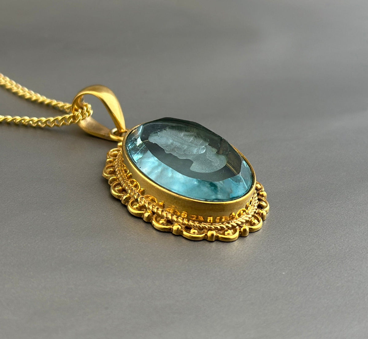 Blue Crystal Intaglio Necklace, Dainty Victorian Gold Pendant, photo 2