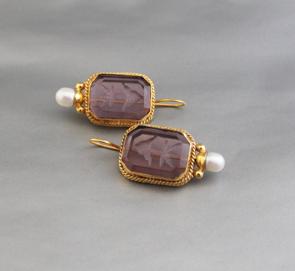 Intaglio Glass Hoop Earrings, Victorian Art Deco Pearl Drops, Brass, photo 9