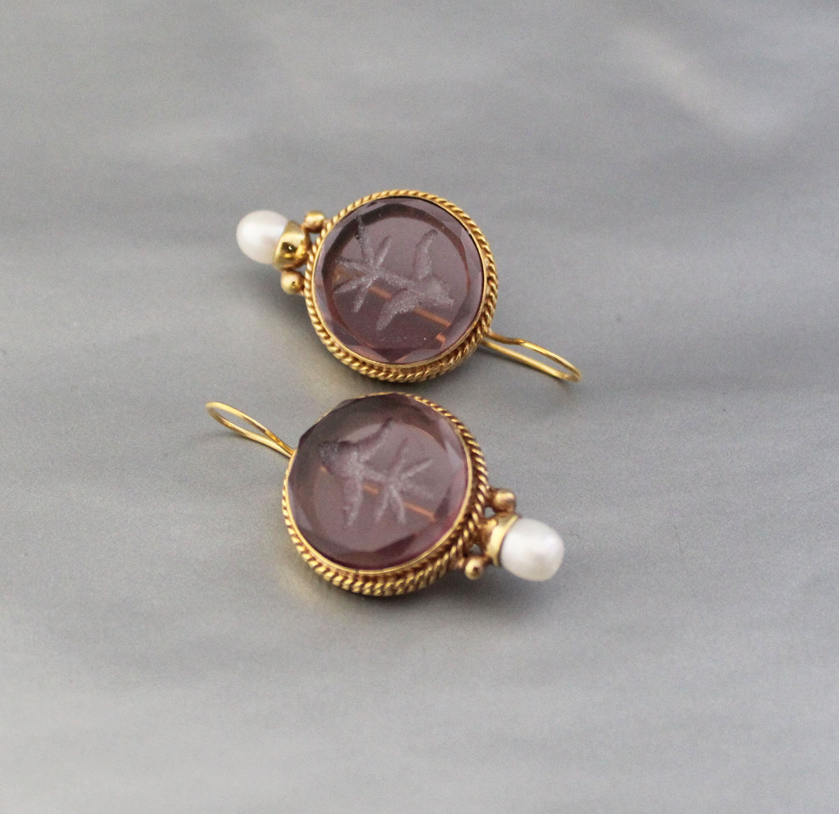 Purple Glass Intaglio Earrings, Victorian Amethyst Drops, Gold Vermeil, photo 7