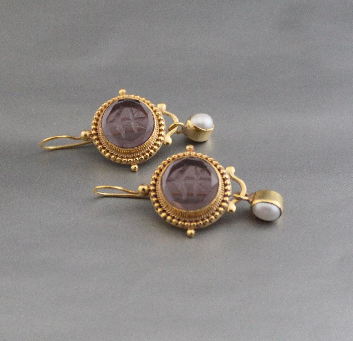 Purple Intaglio Glass Earrings, Vintage Drops, Gold Vermeil, photo 2