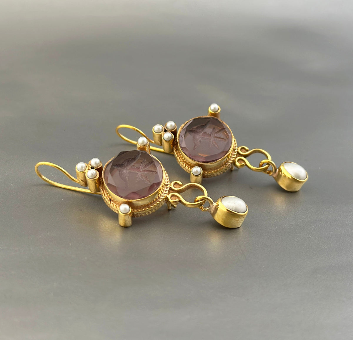 Purple Round Intaglio Earrings, 1920s Art Deco Style, Gold Plated