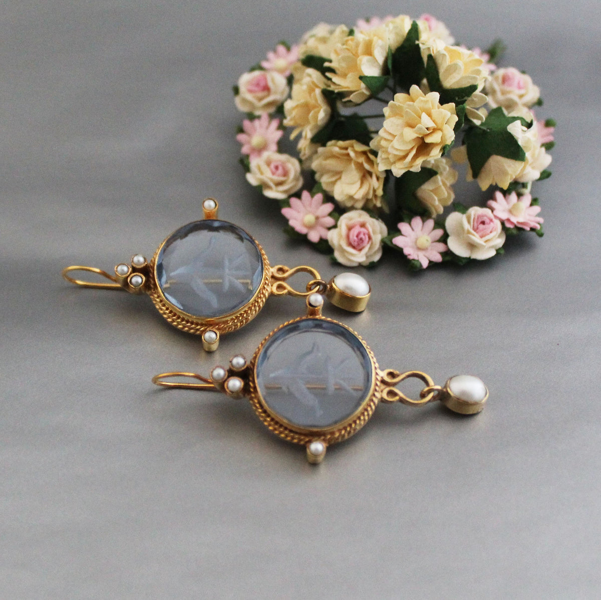 Blue Intaglio Glass Earrings, Victorian Pearl Dangles, photo 2
