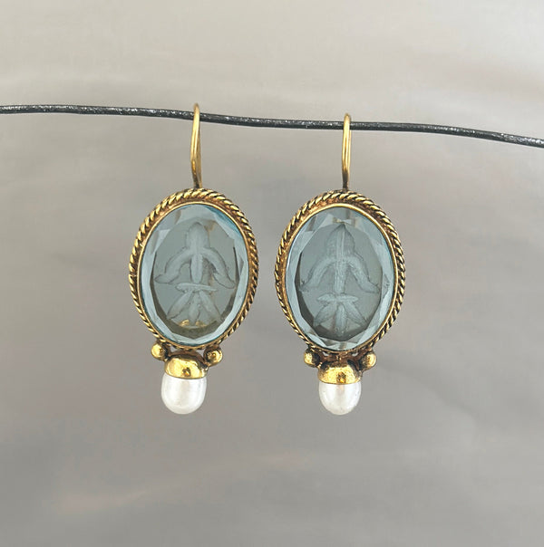 Blue Glass Intaglio Earrings, Oval Drops, Victorian Art Deco Brass