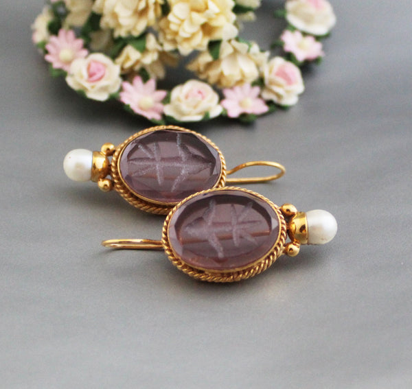 Intaglio Bridal Drop Earrings, Gold and Pearl