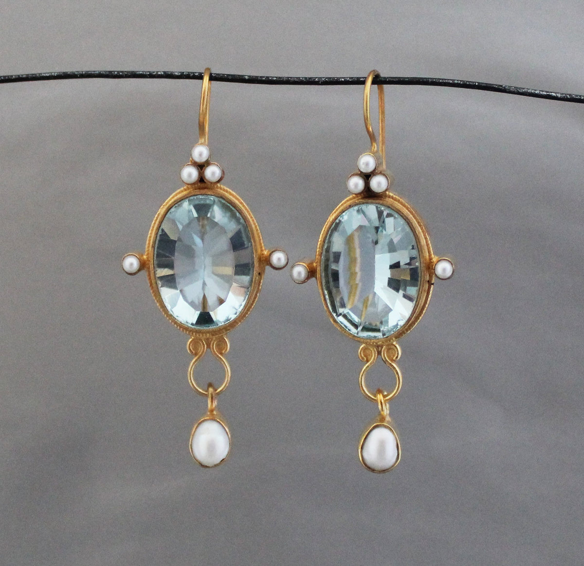 Blue Intaglio Earrings, 1920s Victorian Style, 18K Gold Plated