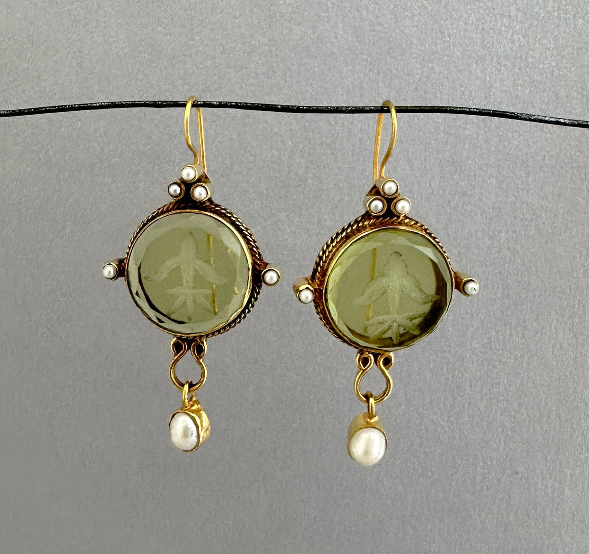 Green Intaglio Earrings, Victorian Style, 18K Gold Vermeil, photo 2