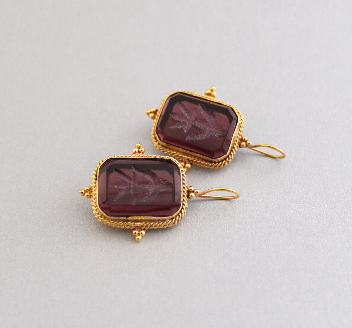 Purple Intaglio Glass Earrings, Ancient Roman Style, Gold Vermeil, photo 6