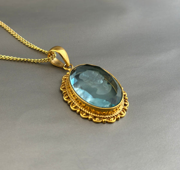 Blue Crystal Intaglio Necklace, Dainty Victorian Gold Pendant