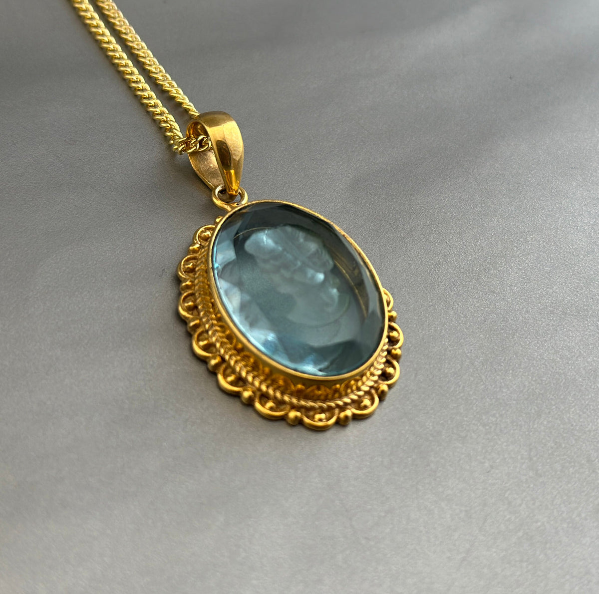 Blue Crystal Intaglio Necklace, Dainty Victorian Gold Pendant, photo 3
