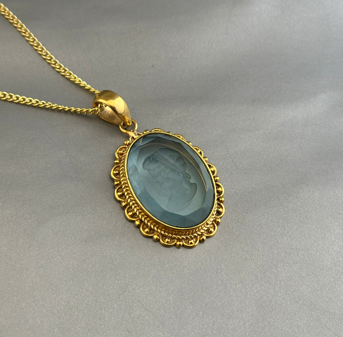 Blue Crystal Intaglio Necklace, Dainty Victorian Gold Pendant, photo 4