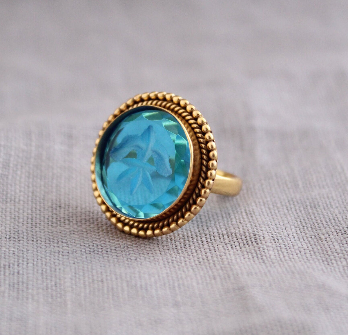 Blue Glass Intaglio Cocktail Ring, Victorian Signet, Gold Vermeil, photo 9