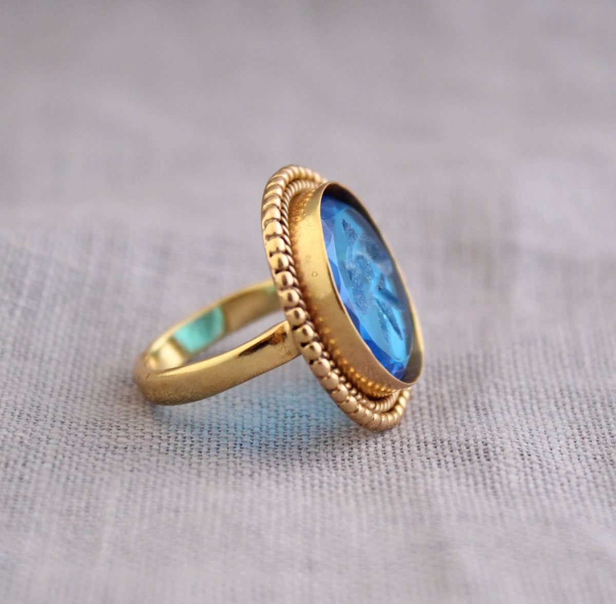 Blue Glass Intaglio Cocktail Ring, Victorian Signet, Gold Vermeil, photo 10