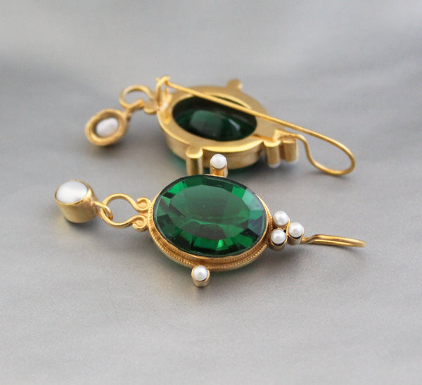 Green Glass Intaglio Earrings, Edwardian Style, 18K Gold