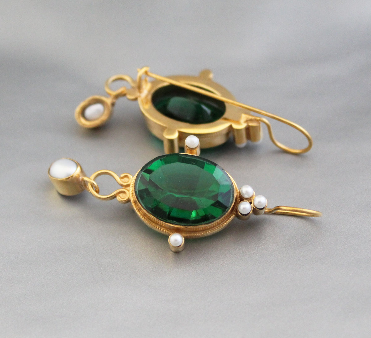 Green Glass Intaglio Earrings, Edwardian Style, 18K Gold