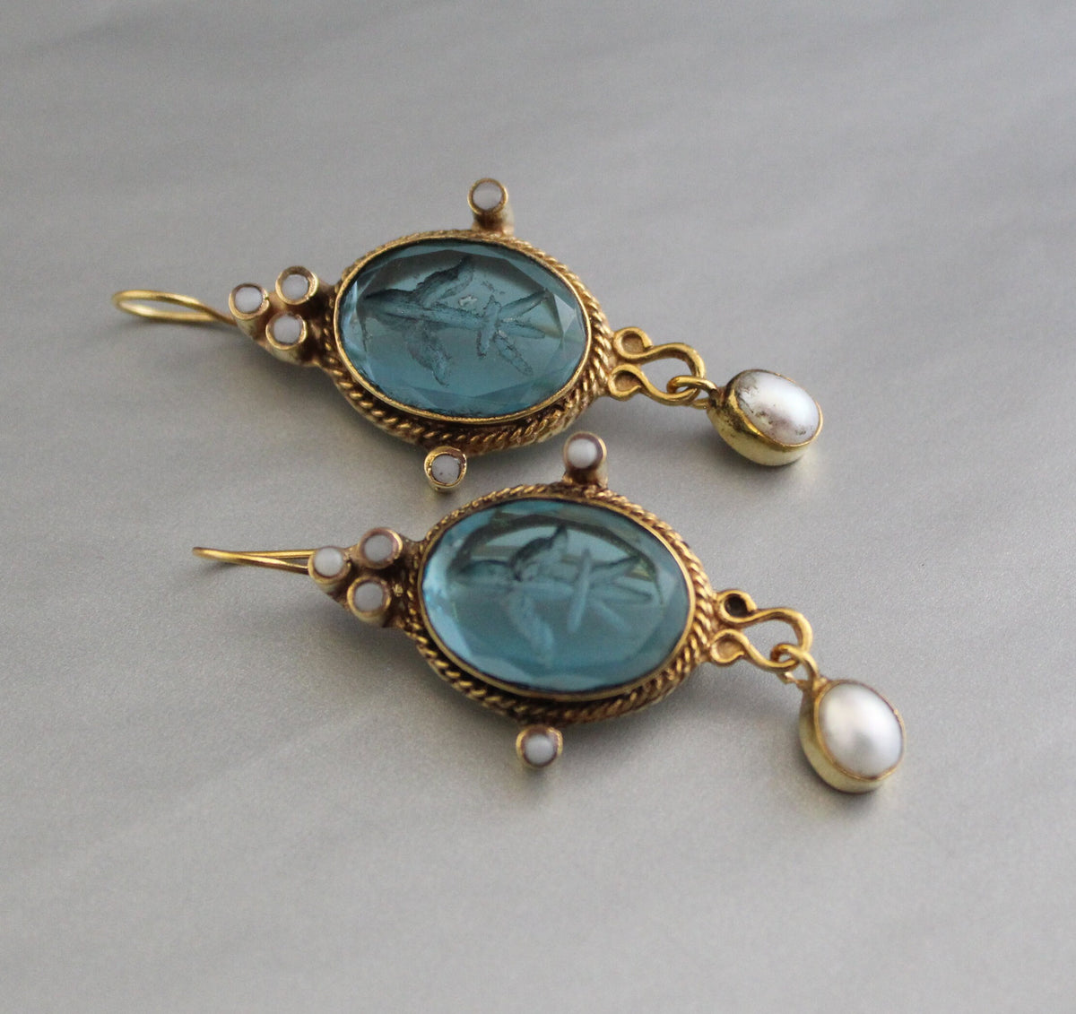 Blue Glass Intaglio Earrings, Edwardian Style, 18K Gold Vermeil, photo 9
