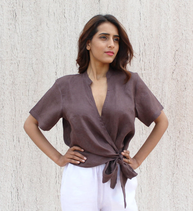 Brown Linen Tie-Front Crop Top