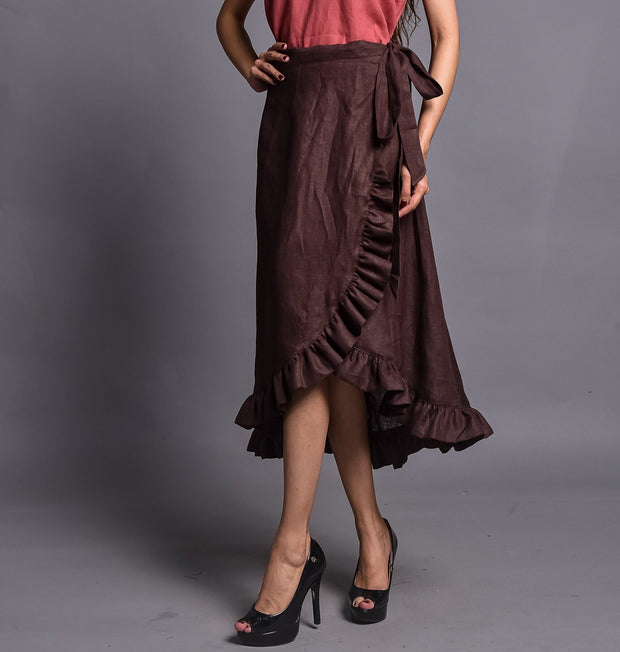 Ruffle Linen Wrap Skirt, High Waisted