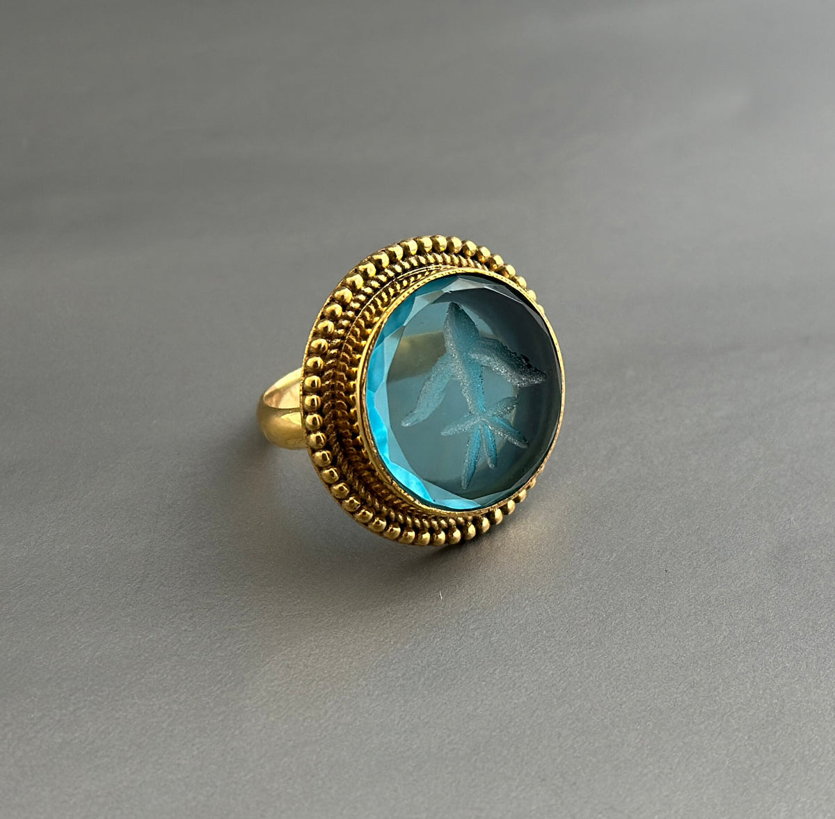 Blue Glass Intaglio Cocktail Ring, Victorian Signet, Gold Vermeil, photo 7
