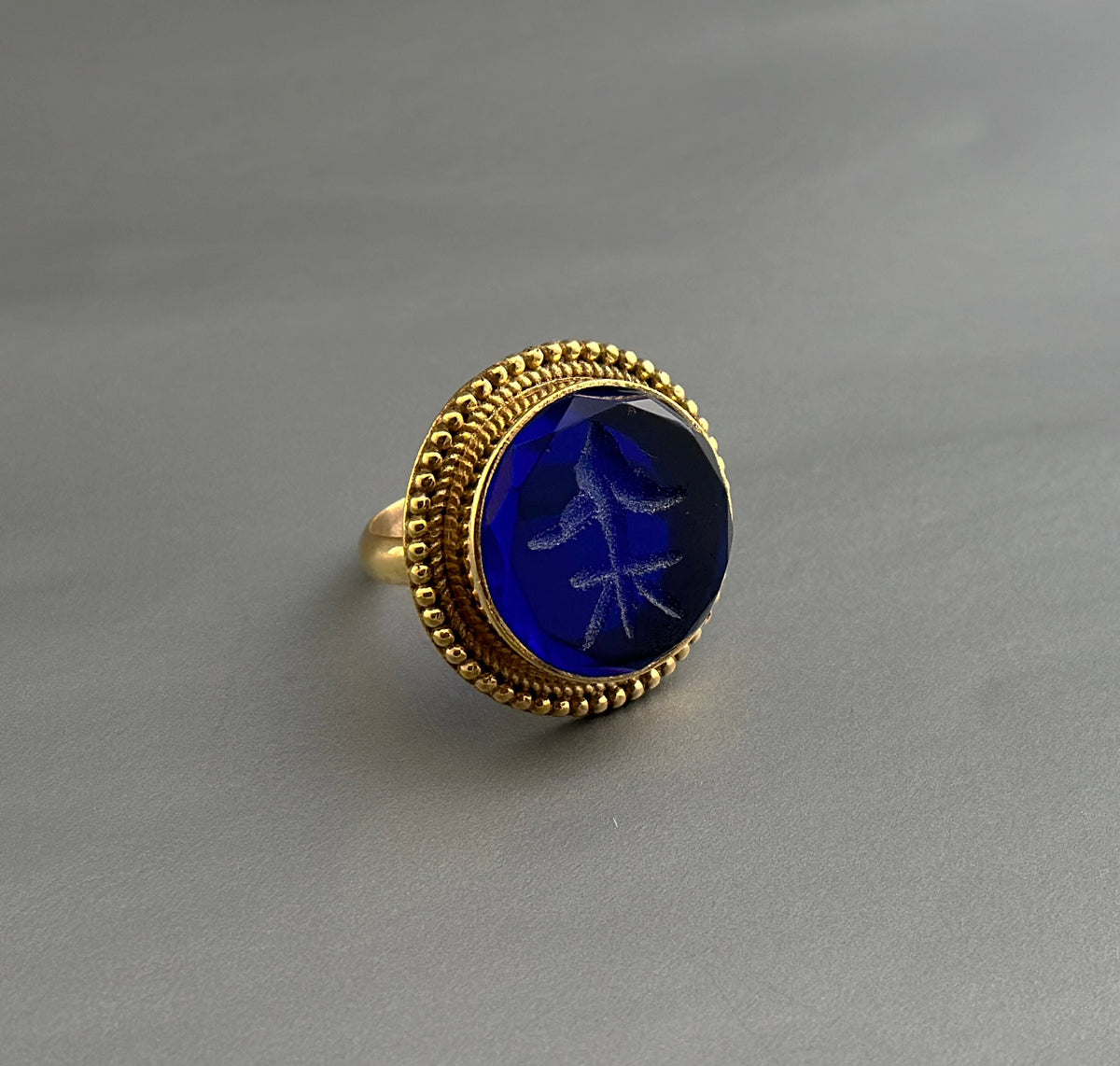 Indigo Fleur-de-lis Intaglio Ring, Roman Style Cocktail Ring, photo 5