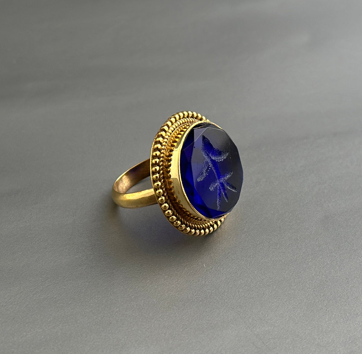 Indigo Fleur-de-lis Intaglio Ring, Roman Style Cocktail Ring, photo 6