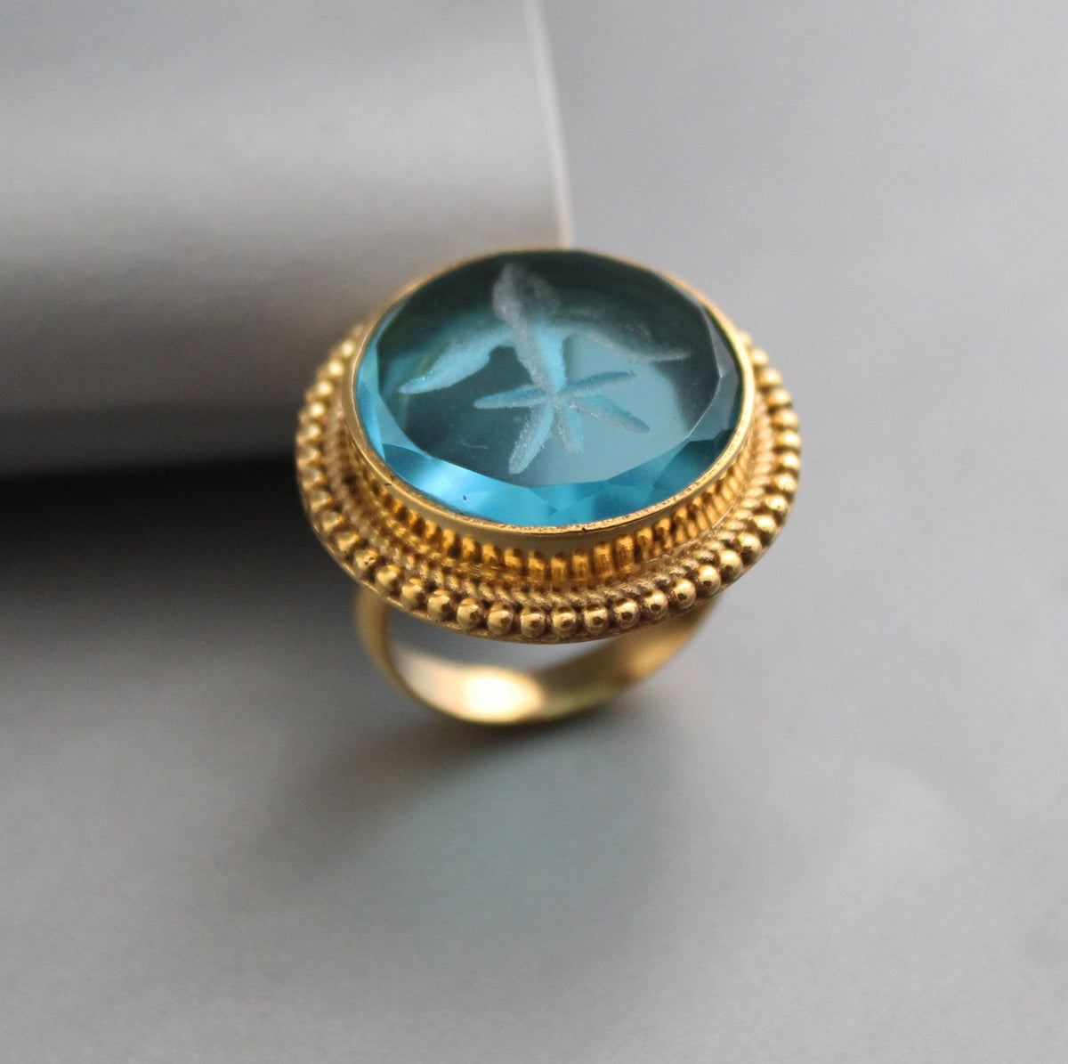 Blue Glass Intaglio Cocktail Ring, Victorian Signet, Gold Vermeil, photo 6