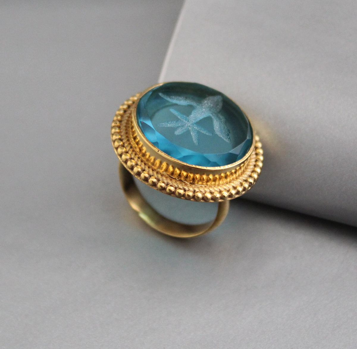 Blue Glass Intaglio Cocktail Ring, Victorian Signet, Gold Vermeil, photo 3