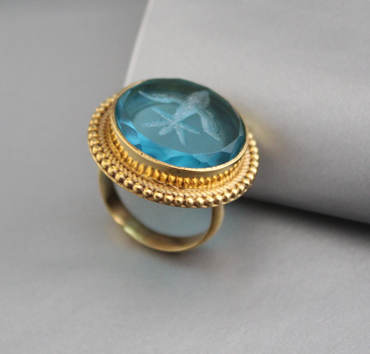 Blue Glass Intaglio Cocktail Ring, Victorian Signet, Gold Vermeil, photo 5