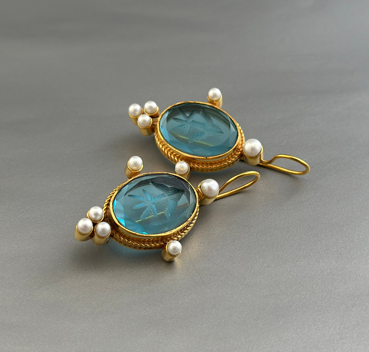 Blue Glass Intaglio Earrings, Victorian Style, 18K Gold Brass with Pearls, photo 2